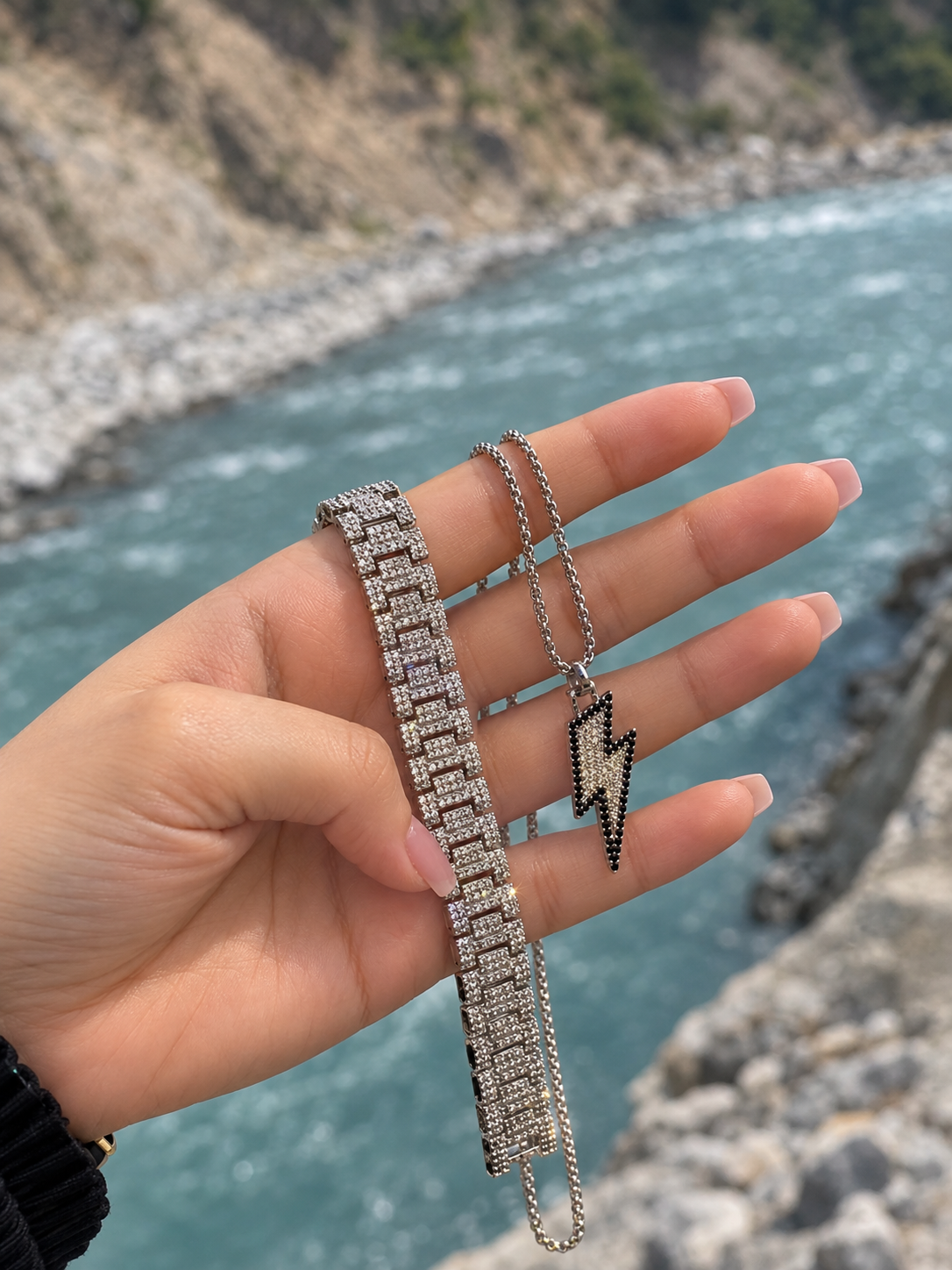 Premium Lightning Bolt Pendant & Jubliee Iced Link Bracelet Set
