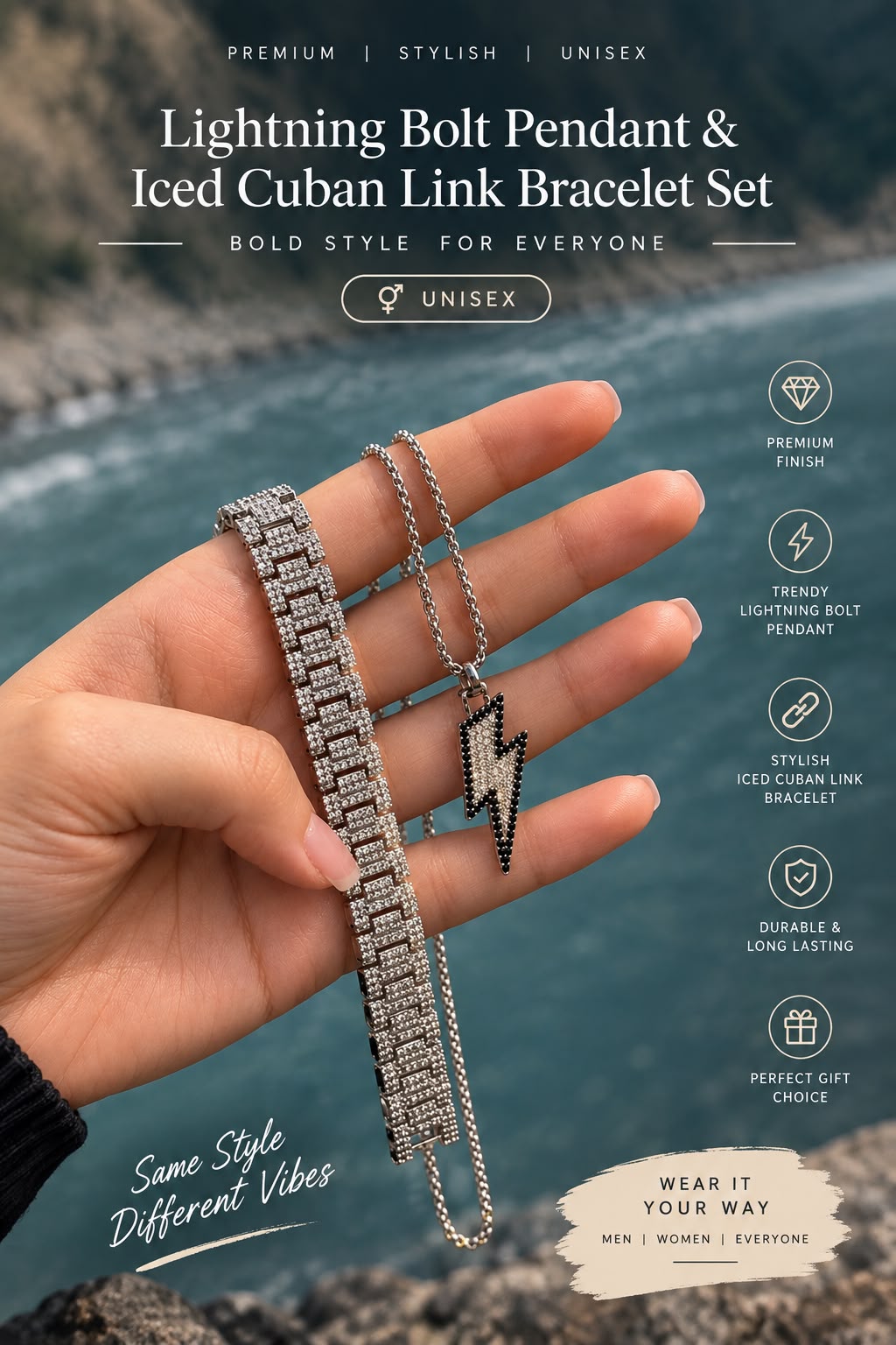 Premium Lightning Bolt Pendant & Jubliee Iced Link Bracelet Set