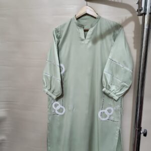 Elegant Mint Green Kurta with White Embroidered Details & Puffy Sleeves